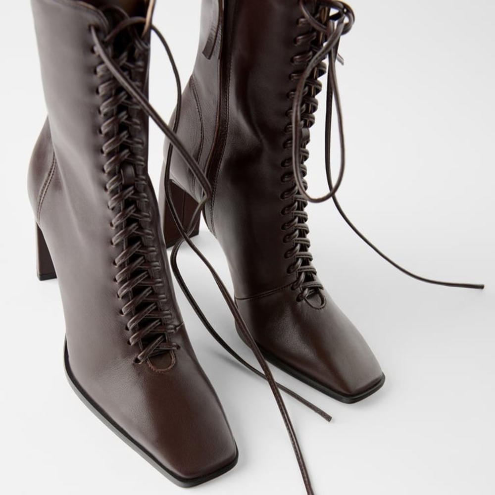 Zara Lace-Up Leather Heel Ankle Boot - RARE
